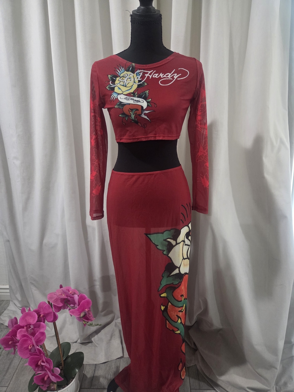 Ed Hardy Red Mesh Floral Graphic Maxi Skirt